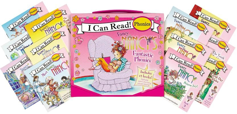 HarperCollins Fancy Nancy 12-book phonics set with mini-books on short and long vowel sounds, in paperback format.