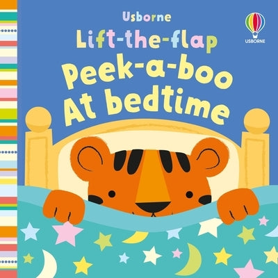 Usborne Lift-The-Flap Peek-A-Boo at Bedtime board book with colorful illustrations and interactive flaps for young children.