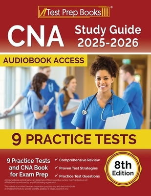 Paperback CNA Study Guide 2025-2026 with practice tests, exam prep book by Test Prep Books, featuring sample test pages.