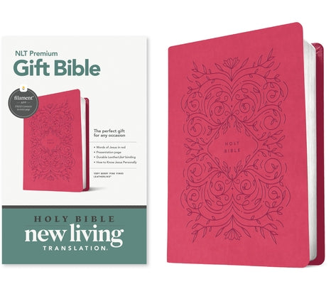 Premium Pink Leatherlike Gift Bible NLT with red letter text, filament enabled, featuring a floral vine design on the cover.
