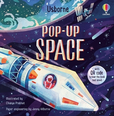 Open Usborne Pop-Up Space board book with colorful space-themed pop-up illustrations on pages.
