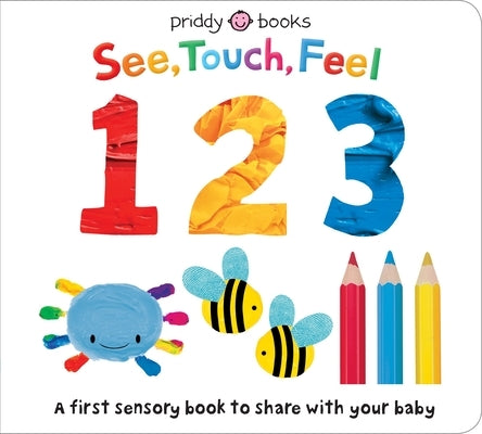See Touch Feel 123 board book by Priddy Books US, featuring colorful pages with textured shapes and numbers for young children.