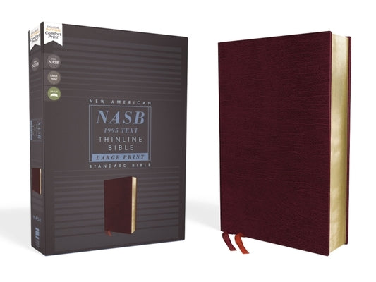 Zondervan Thinline Bible in burgundy bonded leather, large print, red letter edition with comfort print, 1995 text visible in the image.