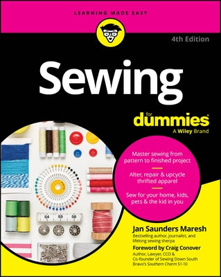 Paperback sewing guide titled "Sewing for Dummies" by For Dummies, featuring a colorful cover with sewing tools and patterns.