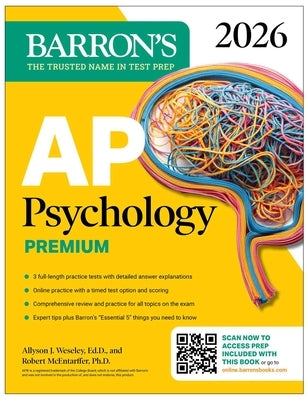 Paperback AP Psychology Premium prep book by Barrons Educational Services with practice tests and comprehensive review materials.