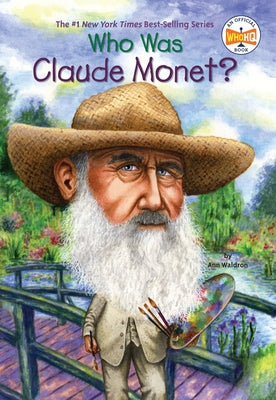 Paperback book titled "Who Was Claude Monet?" by Penguin Workshop, featuring a cover with Monet's artwork and colorful illustrations.