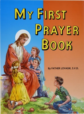 My First Prayer Book paperback by Catholic Book Publishing, open to pages with colorful prayers and illustrations for children.