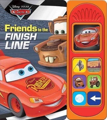 Disney Pixar Cars: Friends to the Finish Line sound board book by Pi Kids, featuring colorful Cars characters and interactive pages.