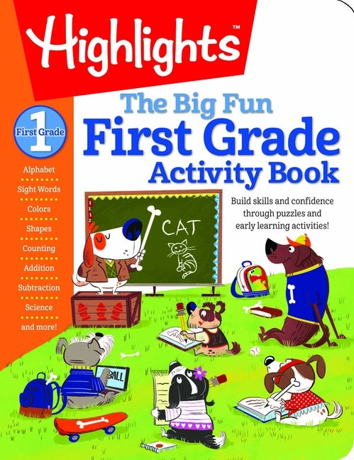 Highlights Learning first grade workbook with colorful pages featuring vocabulary, math, and science activities in paperback format.