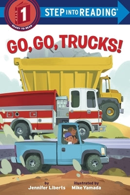 Colorful paperback cover of "Go, Go, Trucks!" children's book by Random House Books for Young Readers, featuring playful truck illustrations.