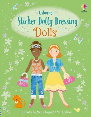 Paperback Sticker Dolly Dressing Dolls book by Usborne Books featuring colorful doll illustrations and dressing-up stickers.