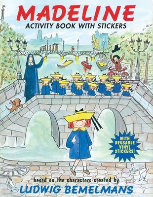 Open paperback Madeline Activity Book with colorful stickers by Grosset & Dunlap featuring fun puzzles and images for children.