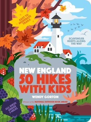 Paperback book titled "50 Hikes with Kids New England" by Timber Press, featuring a colorful cover with outdoor hiking scenes.