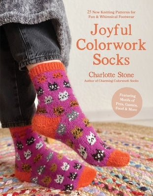 Joyful Colorwork Socks paperback with colorful knitting patterns featuring pets, food, games, and hobbies in vibrant yarn designs.
