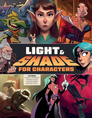 Paperback book titled "Light & Shade for Characters" by 3dtotal Publishing with colorful cover art featuring character illustrations.