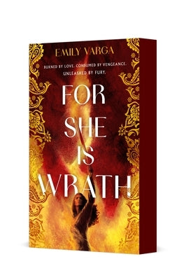 Paperback copy of "For She Is Wrath" by Wednesday Books, showing the book cover with dark, intense artwork.