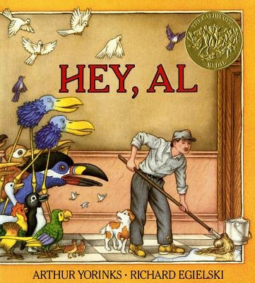 Paperback copy of "Hey, Al" by Square Fish, featuring colorful cover art with playful illustrations.