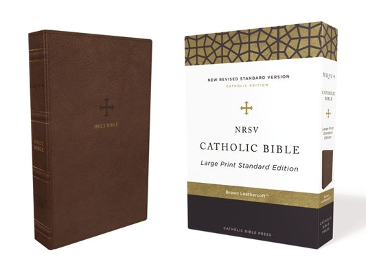 Catholic Bible Press Nrsv Catholic Bible in brown Leathersoft with large print and comfort print, open to a pages view.