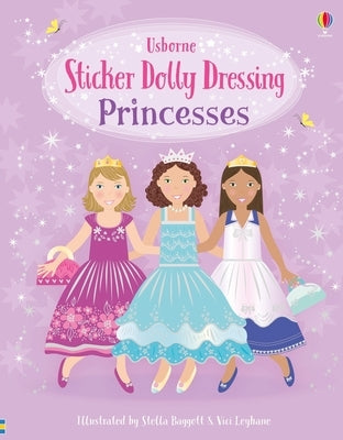 Paperback Sticker Dolly Dressing Princesses book by Usborne Books featuring colorful princess stickers and dressing pages for kids.
