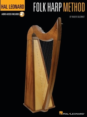 Paperback Hal Leonard Folk Harp Method book with online audio and CD, featuring instructional pages and musical exercises.