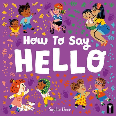Bright Light "How to Say Hello" board book showing colorful illustrations of children greeting each other.