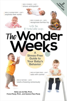 Paperback copy of The Wonder Weeks stress-free guide to baby behavior by Countryman Press, featuring a colorful cover with playful illustrations.