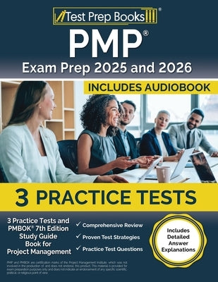 Test Prep Books PMP Exam Prep 2025 and 2026 paperback with practice tests and PMBOK 7th Edition study guide, detailed answer explanations