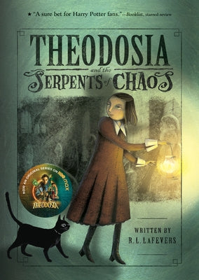 Paperback of Theodosia and the Serpents of Chaos by Clarion Books, showing the book cover with colorful artwork and title.