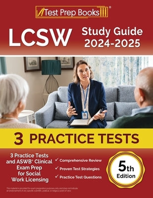Paperback LCSW Study Guide 2025-2026 by Test Prep Books with practice tests and clinical exam prep for social work licensing.