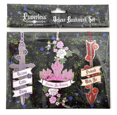 Set of three Lauren Roberts Powerless Trilogy Deluxe bookmarks with colorful fantasy designs for paperback books.