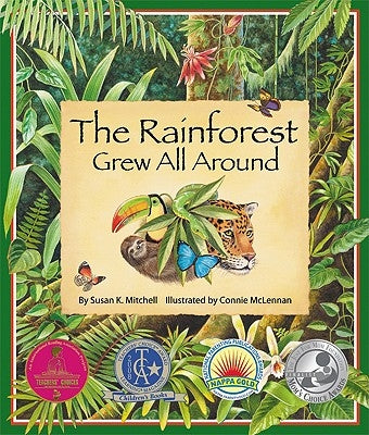 Paperback of "The Rainforest Grew All Around" by Arbordale Publishing, showing colorful rainforest illustrations on the cover.