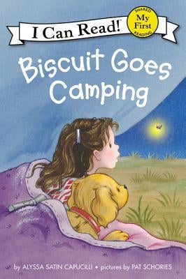 Paperback of Biscuit Goes Camping by HarperCollins featuring Biscuit the dog with camping gear in a cozy outdoor scene.