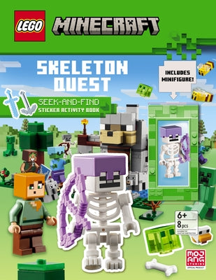 Paperback Skeleton Quest Lego Minecraft seek and find sticker activity book featuring Minecraft characters and colorful illustrations.