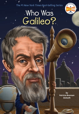 Paperback book titled "Who Was Galileo?" from Penguin Workshop, showing a colorful cover with illustrations of Galileo and celestial objects.