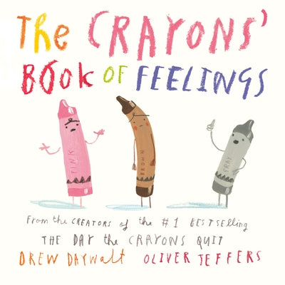 Board book titled "The Crayons' Book of Feelings" by Philomel Books, featuring colorful crayon illustrations on the cover.