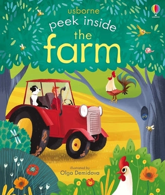 Open page of "Peek Inside the Farm" Usborne Books board book showing colorful farm animals and farm scene for children.
