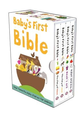 Priddy Books Us Baby's First Bible boxed set with colorful illustrations of Moses, Jesus, Noah's Ark, and Adam and Eve.