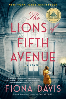 Paperback novel "The Lions of Fifth Avenue" by Penguin Publishing Group, featuring a cover with an elegant cityscape illustration.