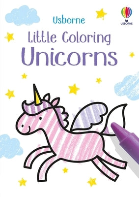 Colorful paperback Little Coloring Unicorns book by Usborne Books with whimsical unicorn illustrations on the cover.