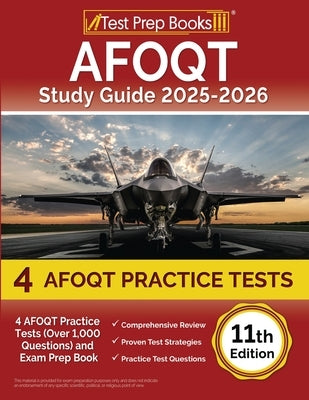 A paperback AFOQT Study Guide 2025-2026 by Test Prep Books, featuring practice tests and exam prep questions for military entrance.