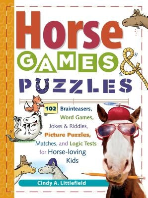Paperback horse games and puzzles book with colorful brainteasers, word games, jokes, riddles, and picture puzzles for kids.