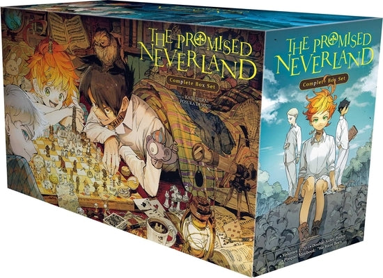 Complete box set of The Promised Neverland paperback manga by Viz Media, featuring colorful cover art and multiple volumes.