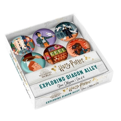 Set of six Harry Potter Diagon Alley glass magnets featuring detailed illustrations, perfect for display on metal surfaces.