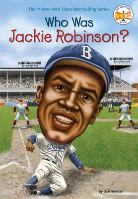 Paperback book titled "Who Was Jackie Robinson?" by Penguin Workshop, featuring a colorful cover with images of Jackie Robinson.
