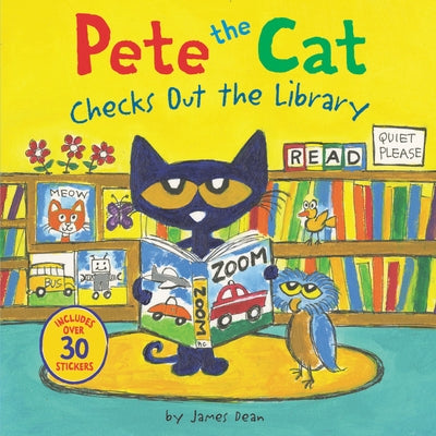 Pete the Cat Checks Out the Library paperback book by HarperCollins with colorful cover and a sheet of over 30 stickers.
