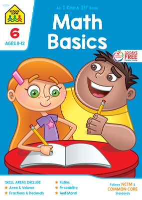School Zone Grade 6 Math Basics Workbook in paperback, featuring colorful math exercises and practice problems for students.