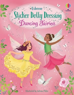 Paperback Sticker Dolly Dressing Dancing Fairies book by Usborne Books featuring colorful fairy illustrations and dress-up stickers.