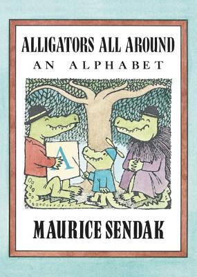 Close-up of the cover of the Alligators All Around alphabet board book by HarperCollins, featuring colorful illustrations of alligators.
