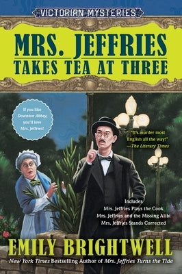 Paperback copy of "Mrs. Jeffries Takes Tea at Three" by Berkley Books, featuring a cover illustration of a cozy tea setting.