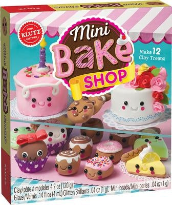 Klutz Mini Bake Shop set with air-dry clay and 48-page book, featuring colorful baking tools and mini dessert creations.